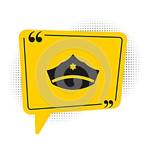 Black Police cap with cockade icon isolated on white background. Police hat sign. Yellow speech bubble symbol. Vector