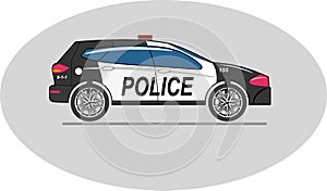 Black police car icon. City patrol transport isolated on the white background. Flat style.