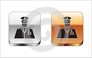 Black Police officer icon isolated on white background. Silver-gold square button. Vector Illustration.