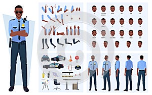 Black Policeman Character Constructor with Lip Sync, Emotions, Character Turnaround, Patrol Car and Gestures Vector File