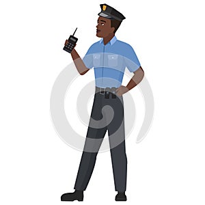 Black policeman with walkie talkie