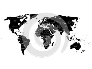 Black political World map with country borders and white state name labels. Hand drawn simplified vector illustration