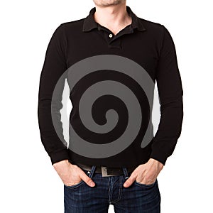 Black polo shirt with a long sleeve on a young man