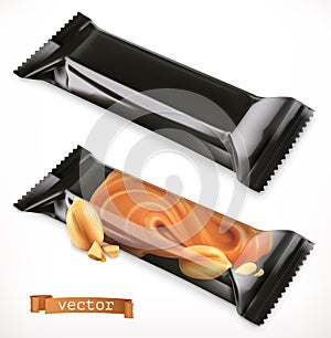 Black polymer packaging for foods. Chocolate bar, 3d vector icon