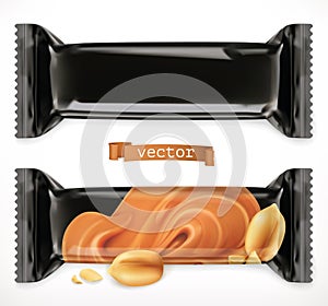 Black polymer packaging for foods. Chocolate bar, 3d vector icon