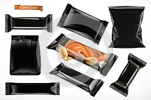 Black polymer packaging for foods. Chocolate bar, different snack products. 3d vector set mock up