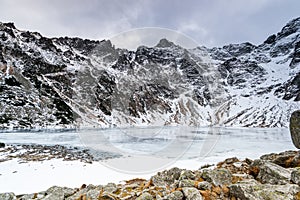 Black Pond or Czarny Staw and Rysy Peak in Tatra Mountains at Winter