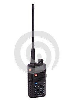 Black portable radio transceiver isolated on white background