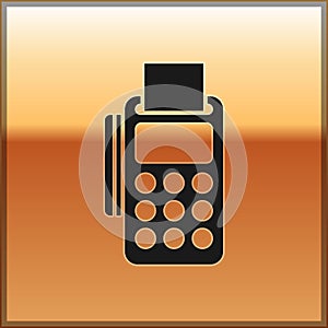 Black POS terminal with inserted credit card and printed reciept icon isolated on gold background. NFC payment concept