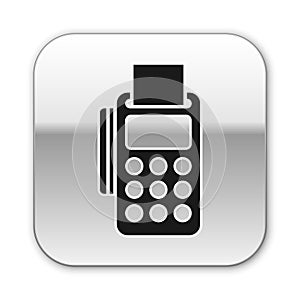 Black POS terminal with inserted credit card and printed reciept icon isolated on white background. NFC payment concept