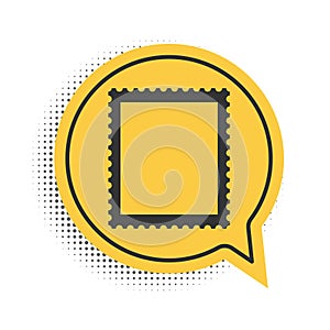 Black Postal stamp icon isolated on white background. Yellow speech bubble symbol. Vector