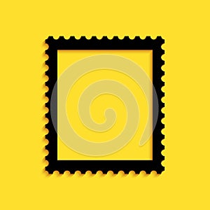 Black Postal stamp icon isolated on yellow background. Long shadow style. Vector