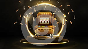 Black poster with black playing cards, slot machine, dice and chips on podium with gold neon ring on background