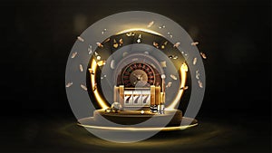 Black poster with casino roulette wheel with black playing cards, slot machine, dice and chips on podium with gold neon ring