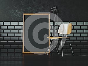 Black poster and the chair. 3d rendering