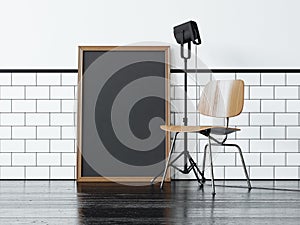 Black poster near the chair. 3d rendering