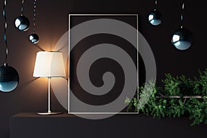 Black poster with steel frames. Christmas decoration. 3d rendering.