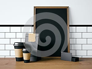 Black poster on table with blank elements. 3d