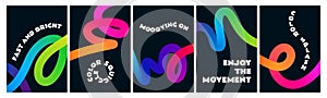 Black Posters with Color Gradient Lines. Abstract Dynamic Colorful Shapes on Dark Background