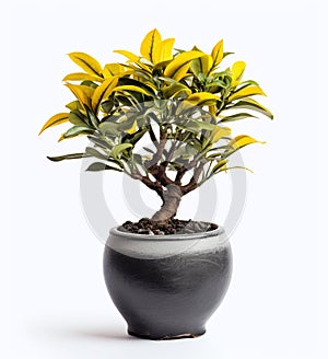 Black pot with a bonsai on a white background
