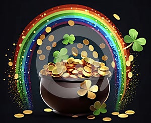 Black pot full of gold coins around four-leaf clover and rainbow black background. Green four-leaf clover symbol of St. Patr photo