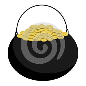 Black pot full of golden coins in flat style