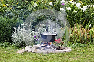 Black pot in garden camp fire