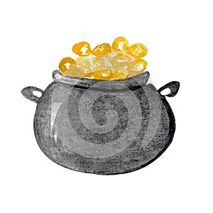 Black pot with golden coins as a symbol of weath, saint patrick`s day celebration in 17 march 2020