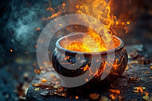 A black pot with a hole in the middle is filled with fire