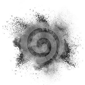 Black powder explosion isolated on white photo