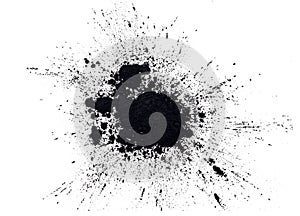 Black powder explosion isolated on white background, charcoal particles concept. Eye shadow. Graphite