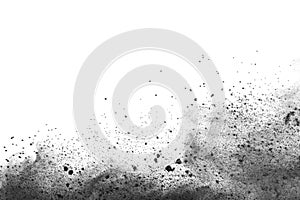 Black powder explosion on white background.