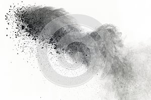 Black powder explosion on white background. Colored cloud. Colored dust explode. Paint Holi.