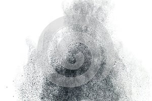 Black powder splatter background.Dust particles texture
