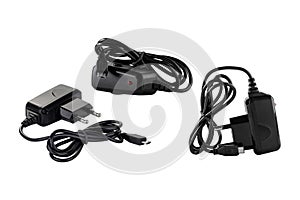 Black power adapter with micro-USB cable isolated on white