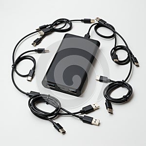 A black power bank with a rectangular shape is centrally positioned, surrounded by