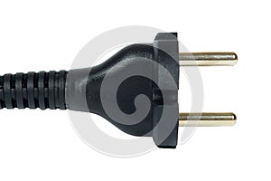 Black power plug, electric connector with cable. Isolated on white backgorund