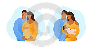 Black pregnant couple. African husband and wife with a child. Married couple with a newborn on a sky background. Flat