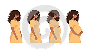 Black pregnant woman, pregnancy trimester, infographic with mom to prepare for childbirth. Pregnancy flat vector photo