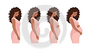 Black pregnant woman, trimester pregnancy. Fetal stages, infographic with mom to prepare for childbirth. Flat vector photo