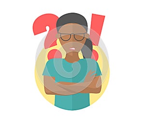 Black pretty girl in glasses angry doubts, offended. Flat design icon. Woman with a question and exclamation marks. Simply editabl