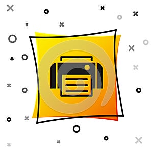 Black Printer icon isolated on white background. Yellow square button. Vector
