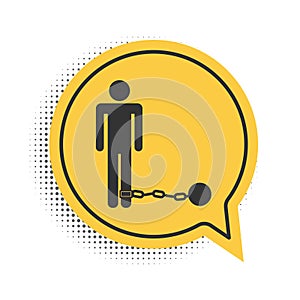 Black Prisoner with ball on chain icon isolated on white background. Yellow speech bubble symbol. Vector