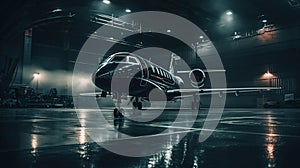 a black private jet standing in a hangar at night, generated ai image