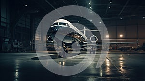 a black private jet standing in a hangar at night, generated ai image