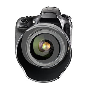 Black professional DSLR camera isolated