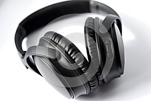Black professional headphones on white background