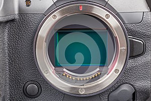 professional mirrorless camera body with exposed sensor full-frame closeup view