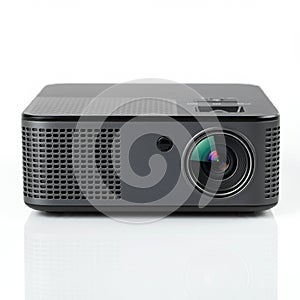 Black projector with a rectangular shape and rounded edges. It features a lens on the