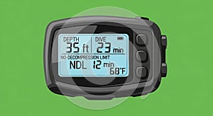 Is black with a prominent rectangular screen and three control buttons